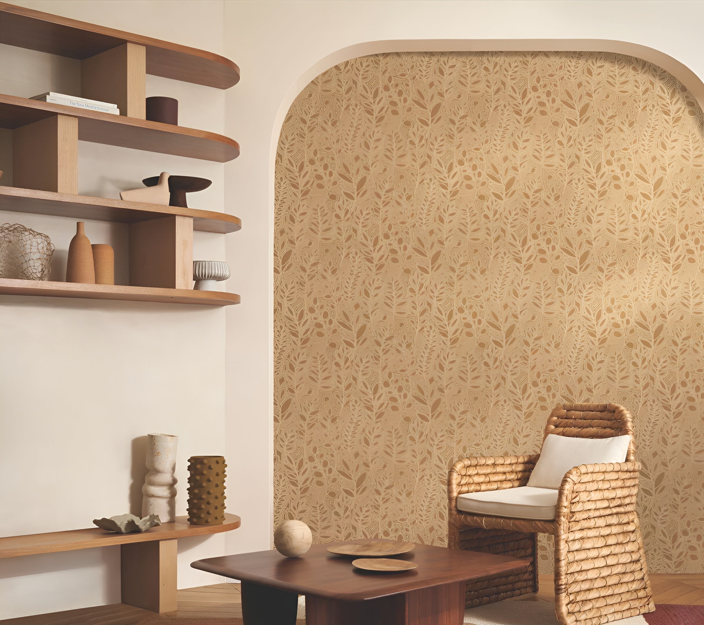 Plant motif wallpaper with leaf design resembling embroidery ASTRAGALE - SABLE beige