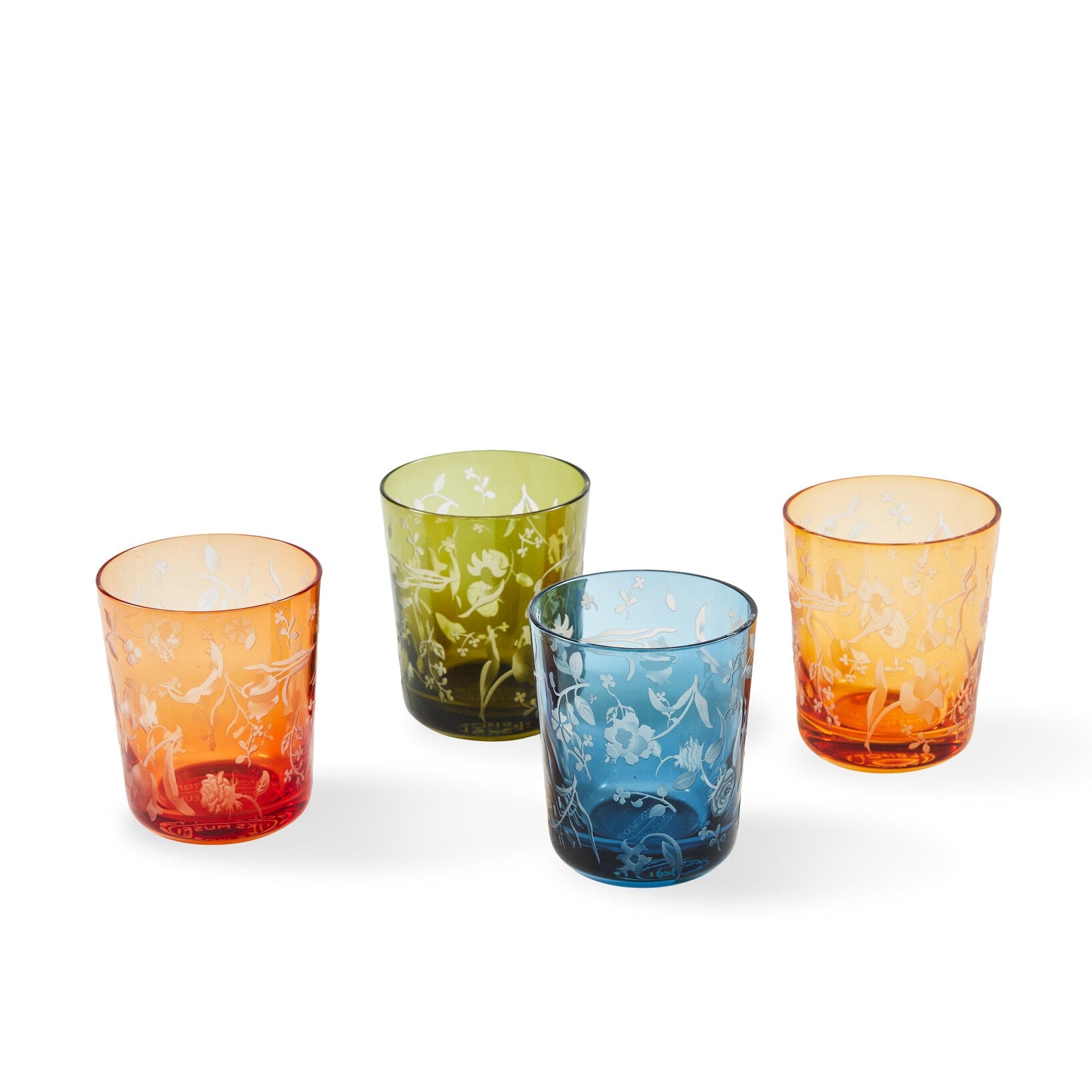Set of SCATTERED FLOWERS Glasses in Yellow with Sandblasted Pattern