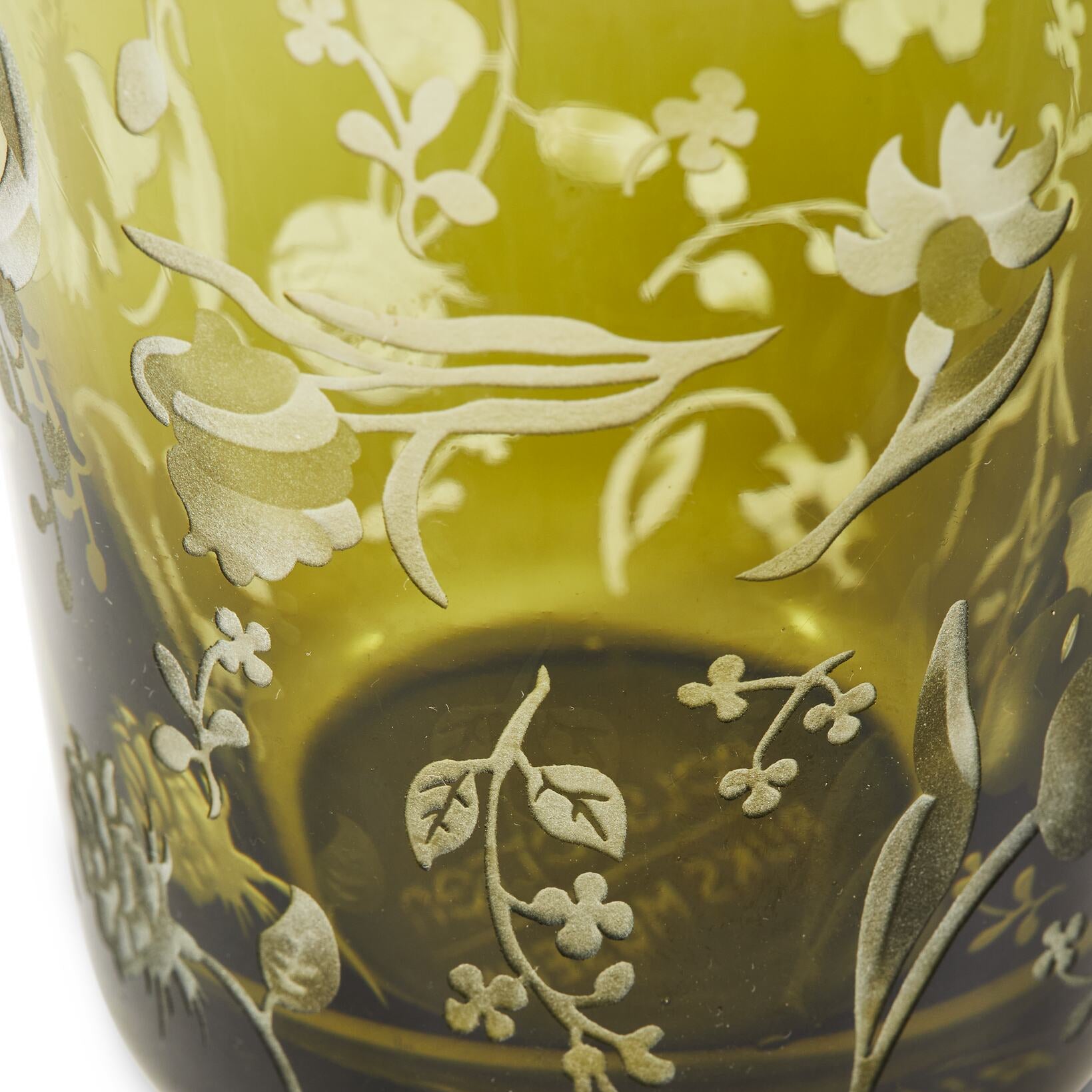 SCATTERED FLOWERS Olive Glasses Set with Sandblasted Pattern