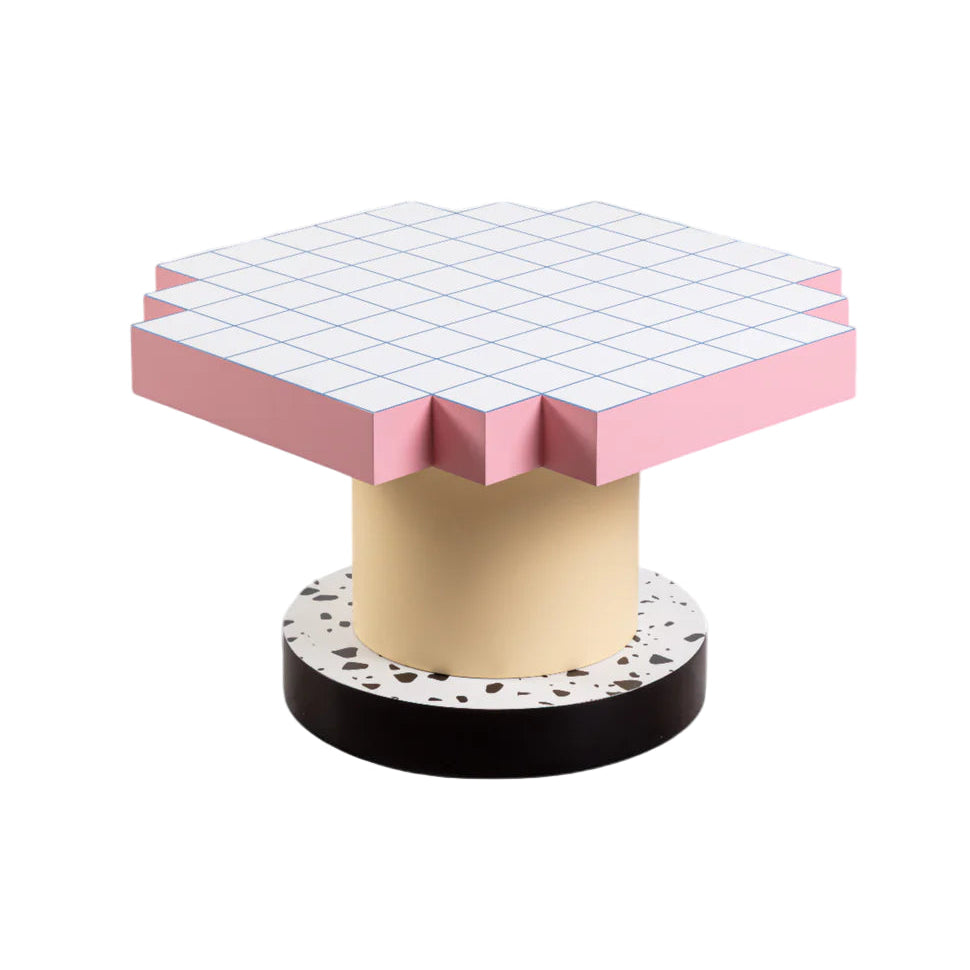 SUPERCOFFEE BLUE GRID pink coffee table with yellow