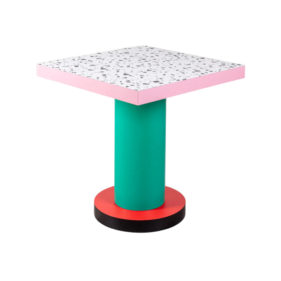 Square café table with round base SUPERLOUNGE TERRAZZO turquoise with red