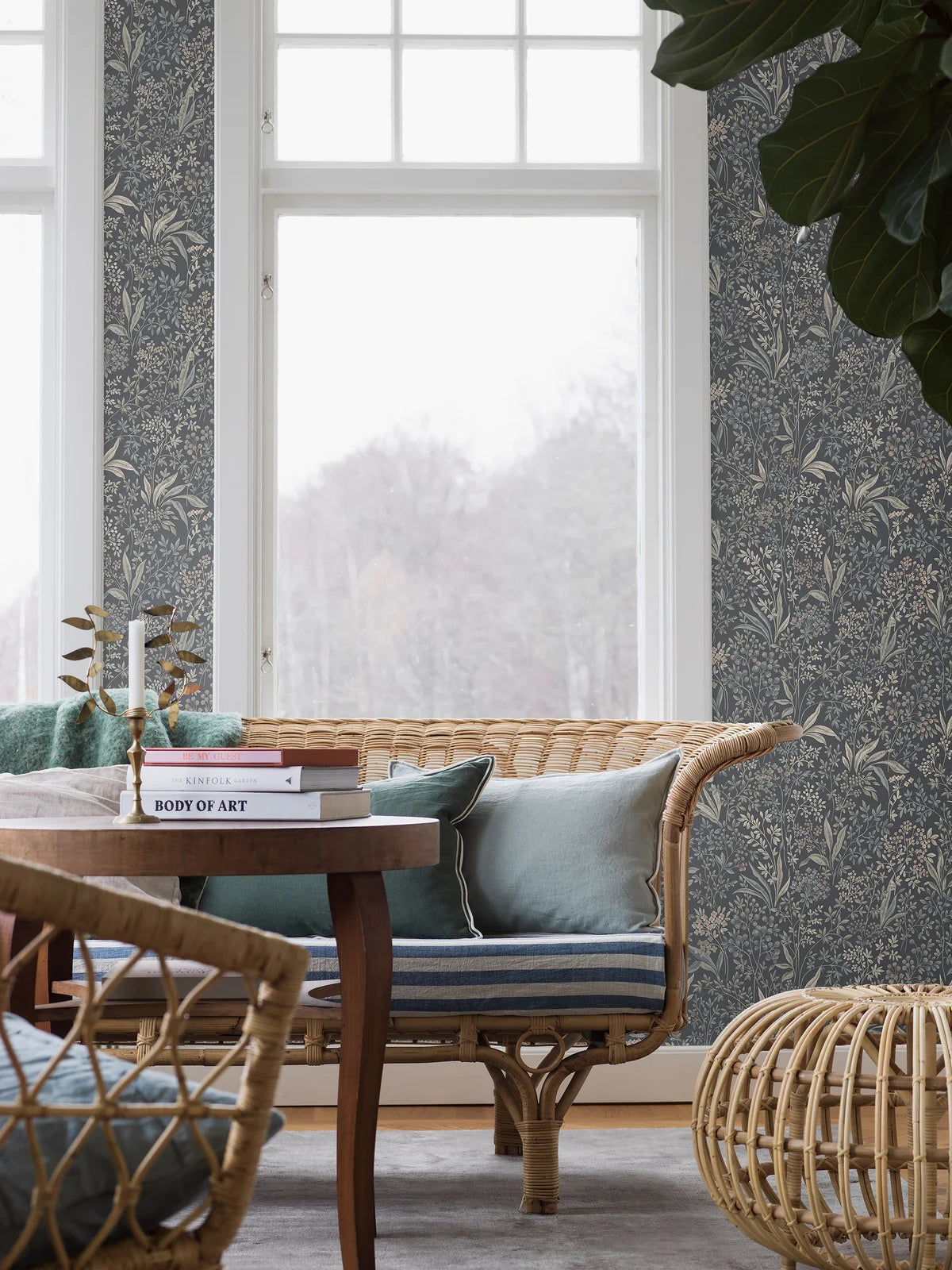 Non-woven paper wallpaper with a botanical pattern NOCTURNE muted green