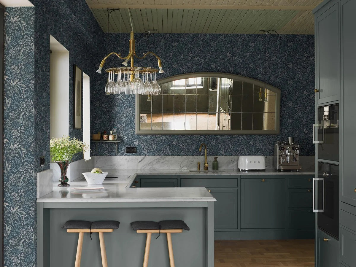 Non-woven paper wallpaper with a botanical pattern NOCTURNE dark blue