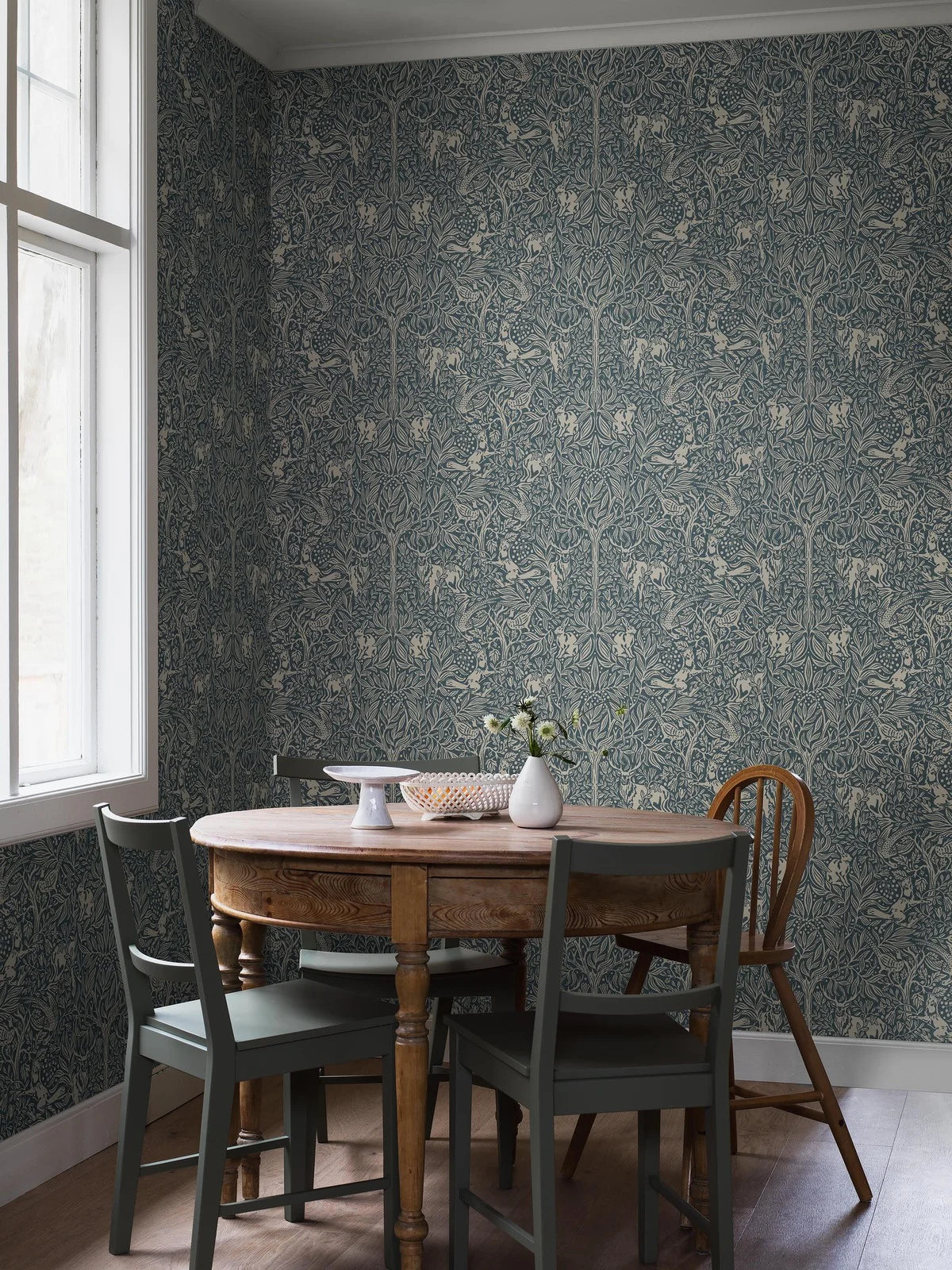 Wallpaper with a botanical pattern and forest theme UNDER THE ELDER TREE navy blue with white