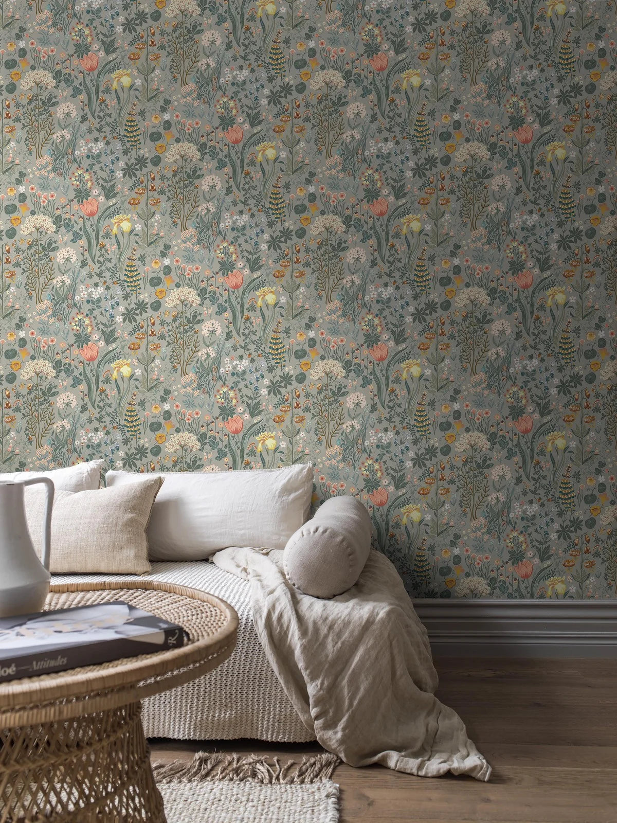 Flower Pattern Wallpaper BLOMSTERHAV Gray with Green