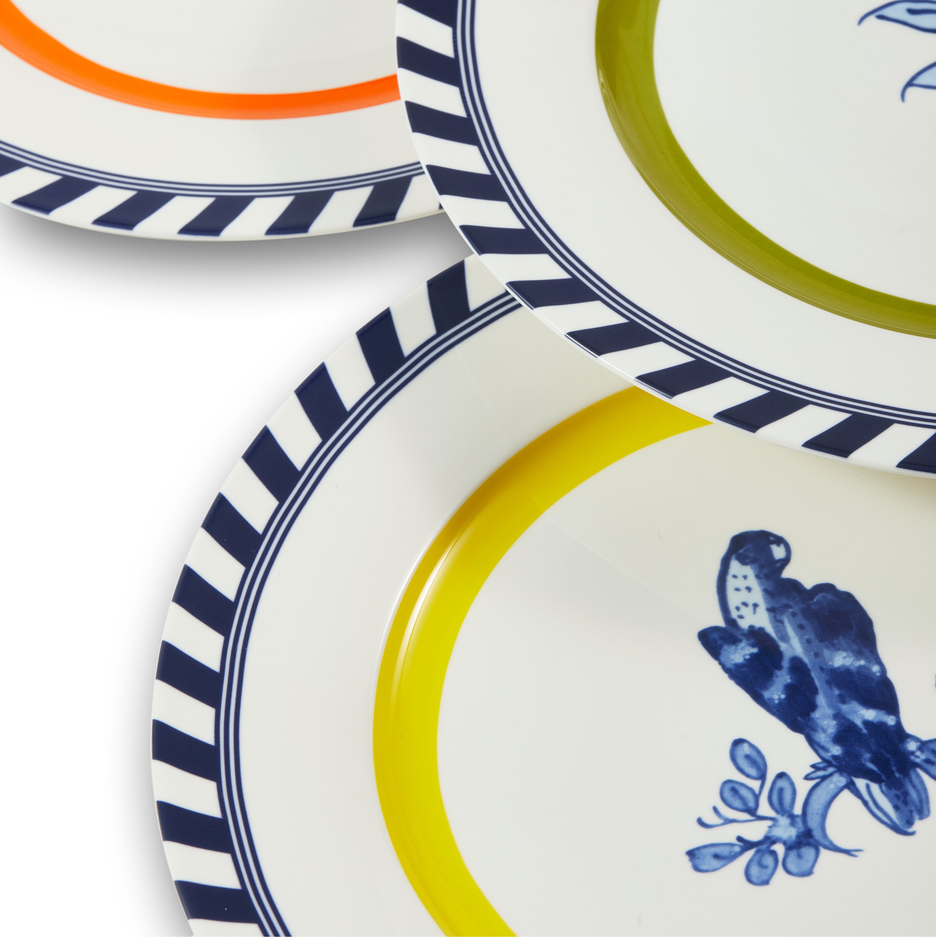 Bird Patterned Plate Set White with Yellow and Blue