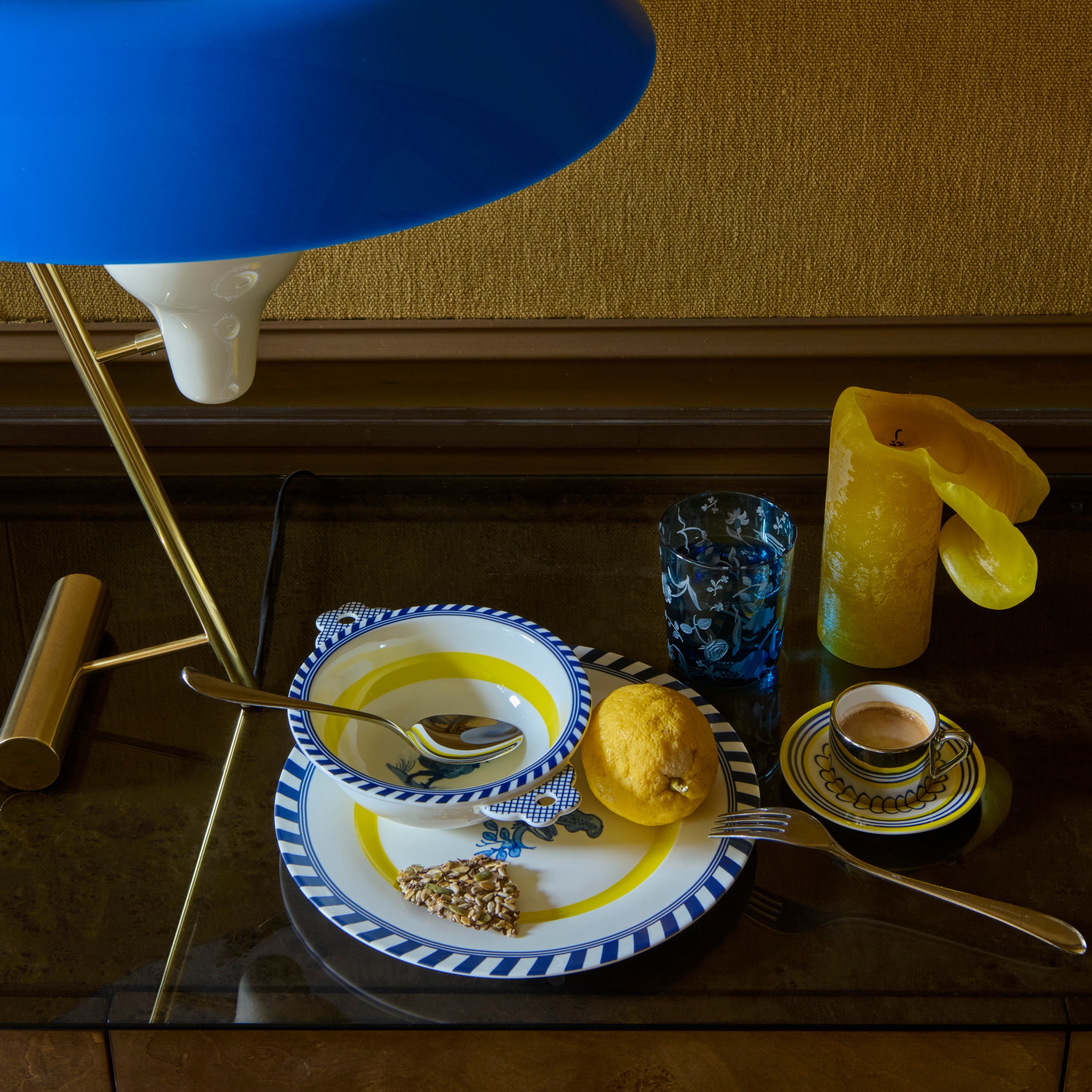 BIRD bowl white with yellow and blue