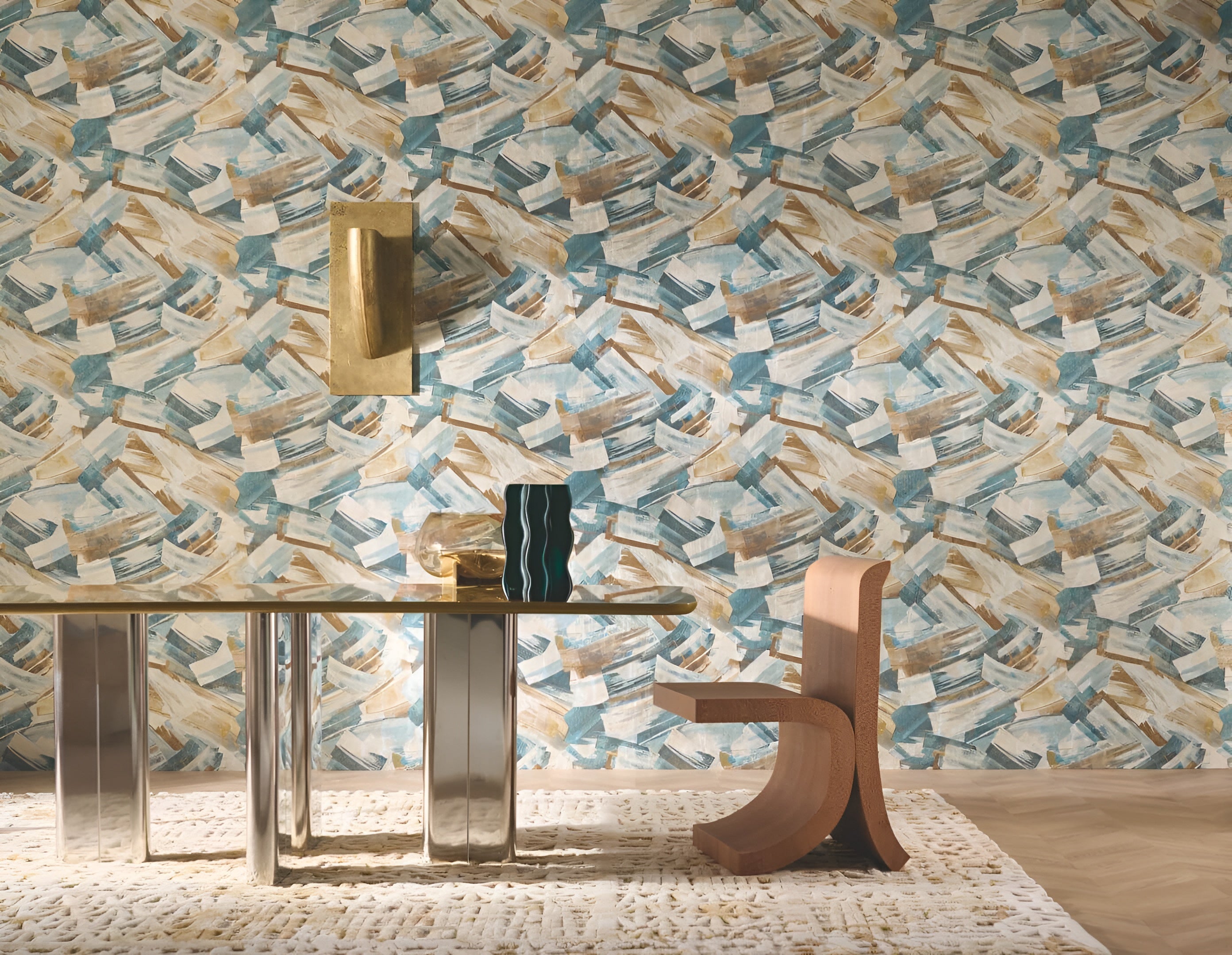 Non-woven wallpaper with abstract pattern IMPULSION - TOPAZE DORÉ blue with bronze