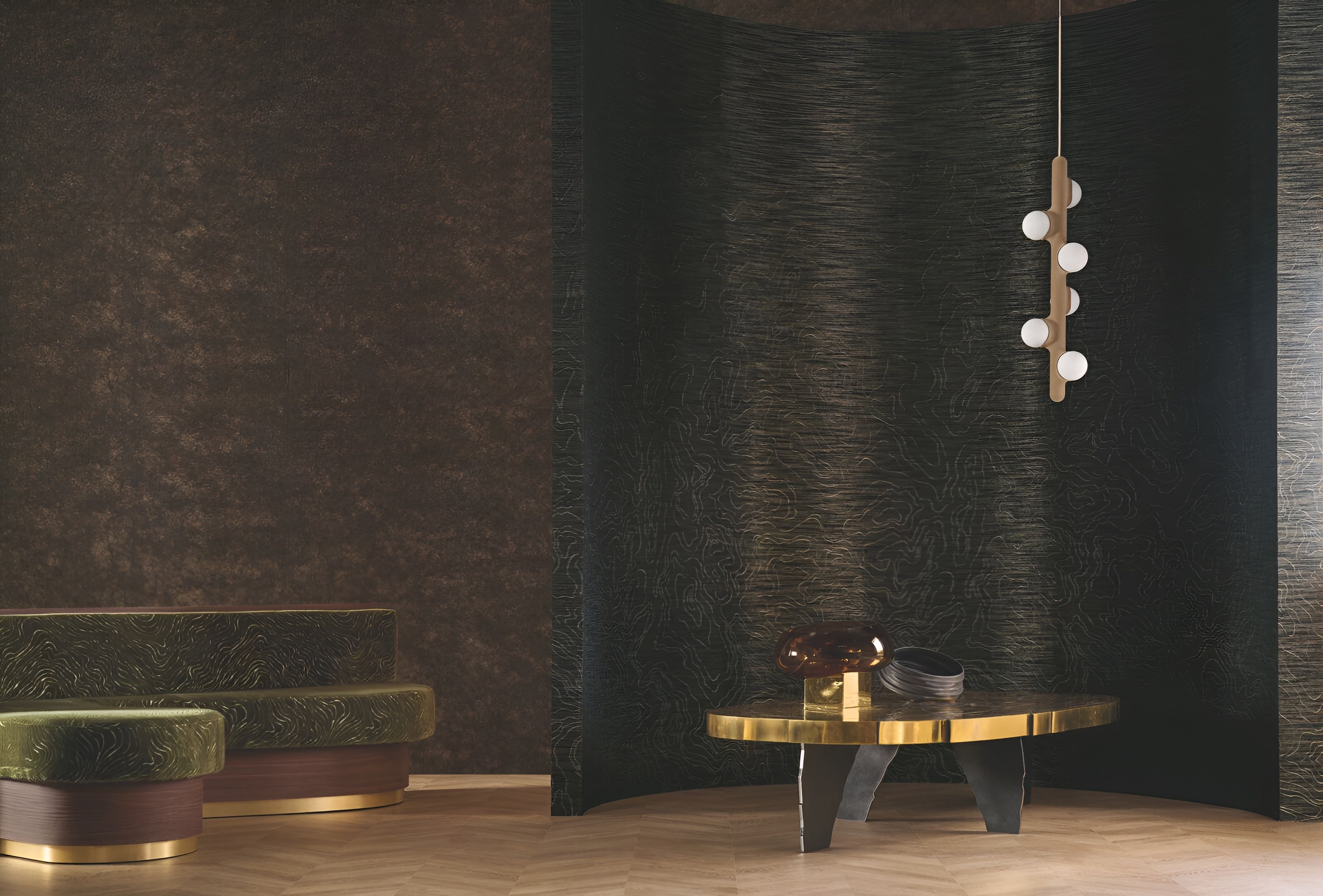 Metallic Textured Fabric Wallpaper with Pleats OXEA - NOIR DE LUNE DORÉ Black with Gold