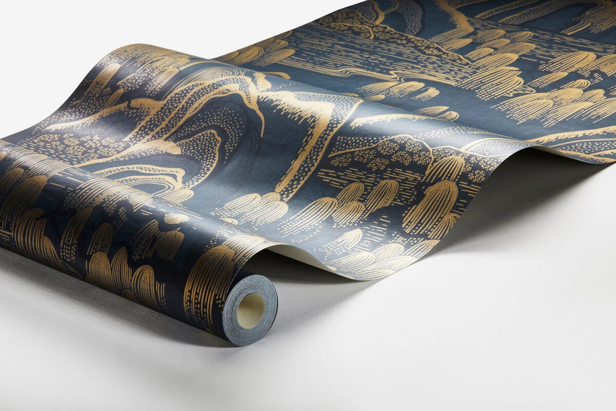 Non-woven paper wallpaper with INDIGO GARDEN landscape in navy blue with gold