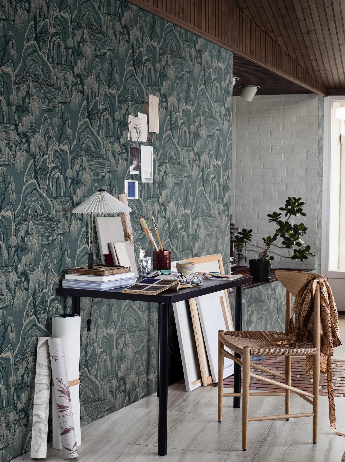 Non-woven paper wallpaper with landscape INDIGO GARDEN navy blue with beige