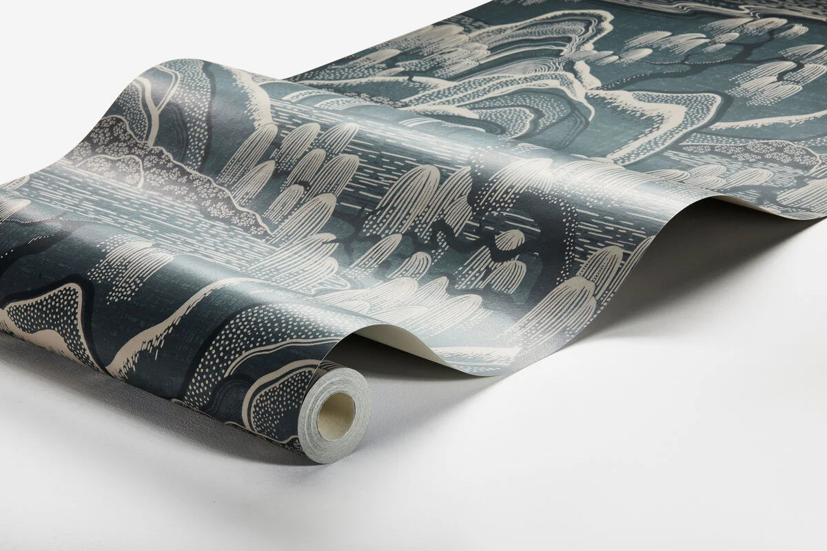 Non-woven paper wallpaper with landscape INDIGO GARDEN navy blue with beige