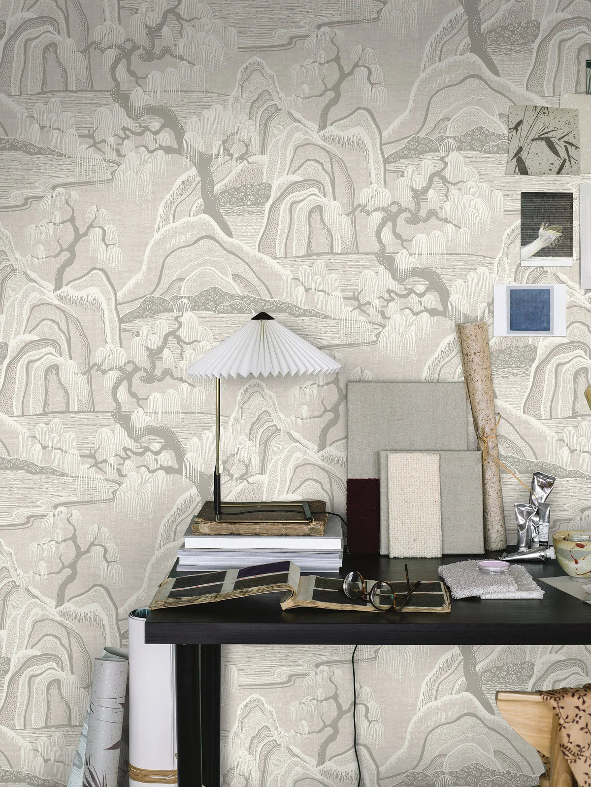 Non-woven paper wallpaper with INDIGO GARDEN landscape in beige and gray