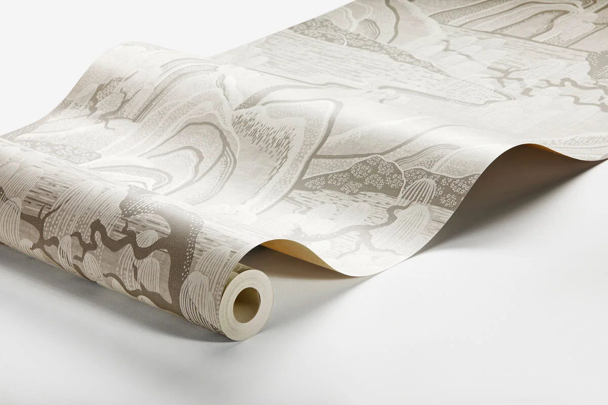 Non-woven paper wallpaper with INDIGO GARDEN landscape in beige and gray