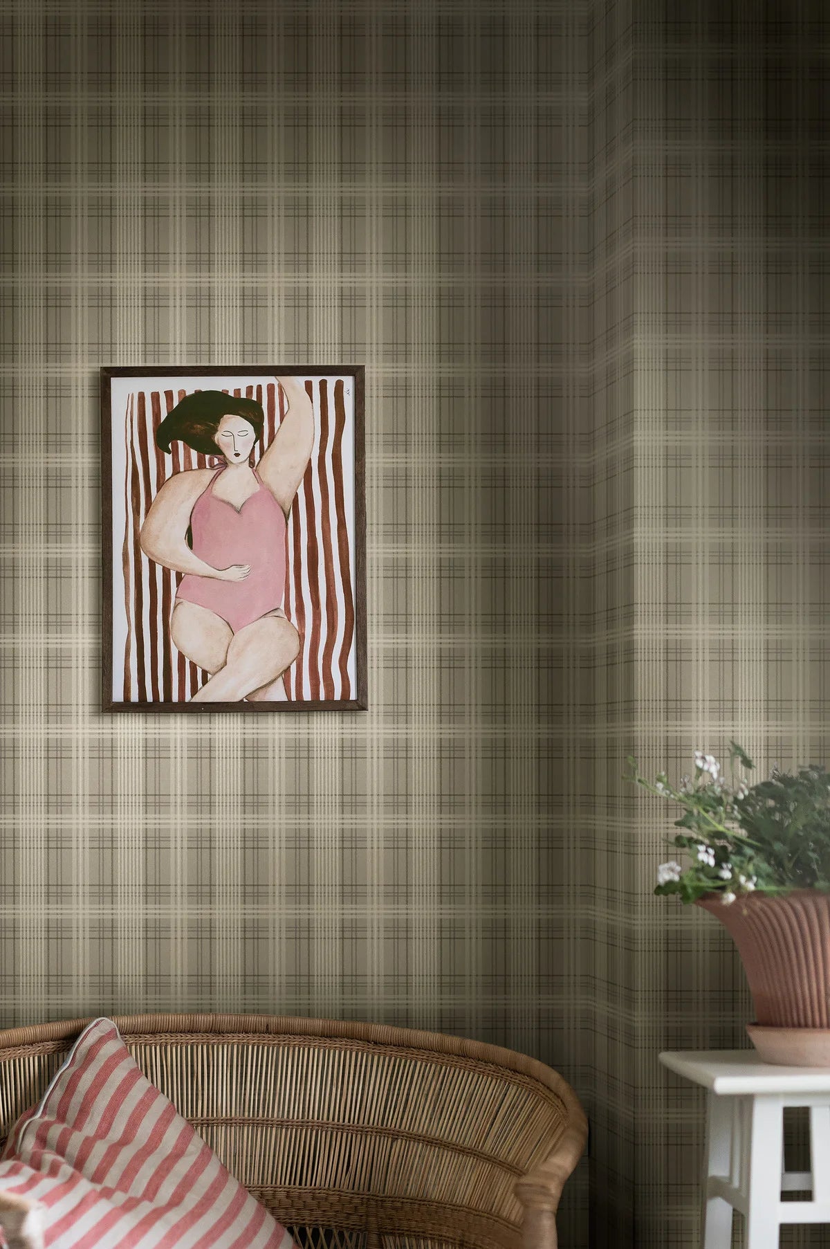 Tailor's Tweed Wallpaper with Geometric Scottish Check Pattern in Muted Green and Beige