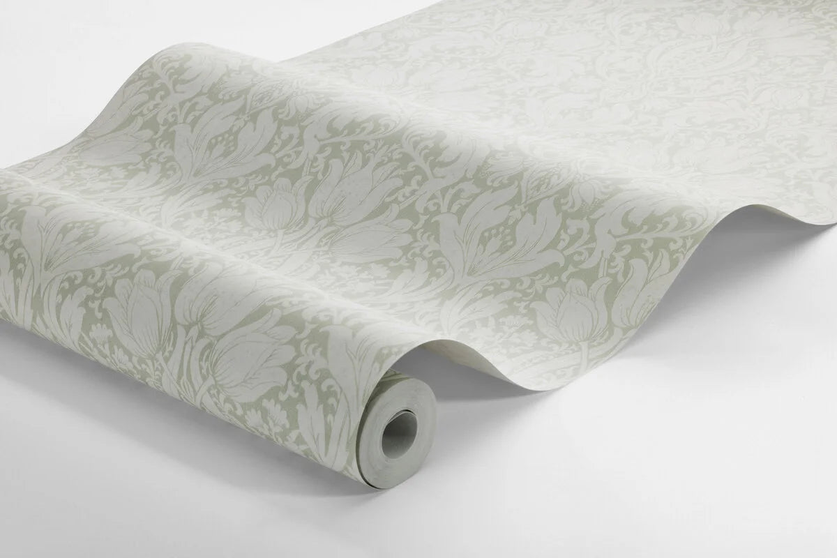Non-woven paper wallpaper with a plant pattern ALBA green with white