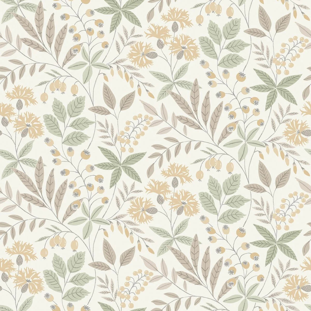 Non-woven paper wallpaper with a plant pattern VILMA light beige with green and yellow