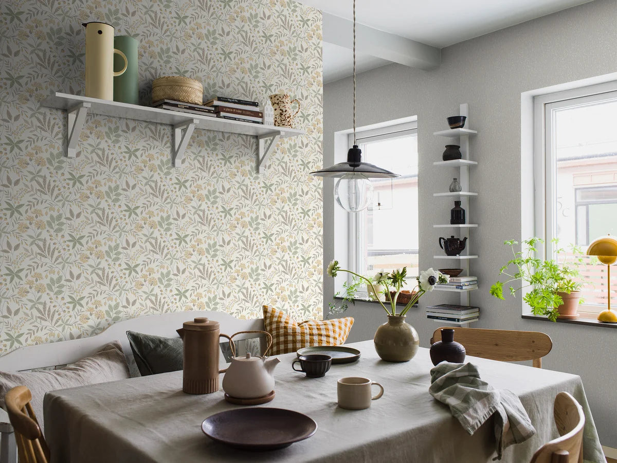 Non-woven paper wallpaper with a plant pattern VILMA light beige with green and yellow