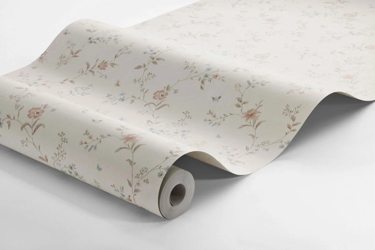 Non-woven paper wallpaper with a floral pattern VIKTORIA beige with green