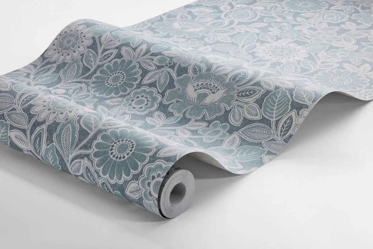 Non-woven paper wallpaper with a floral pattern SONJA blue