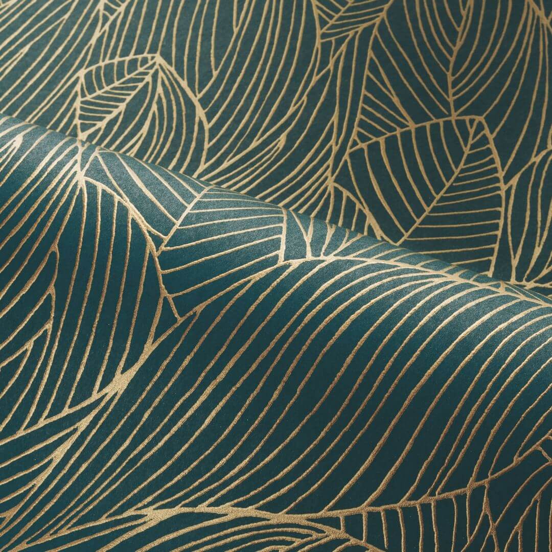 Non-woven wallpaper with a plant motif HOSTA - MARINE/DORÉ dark green with gold