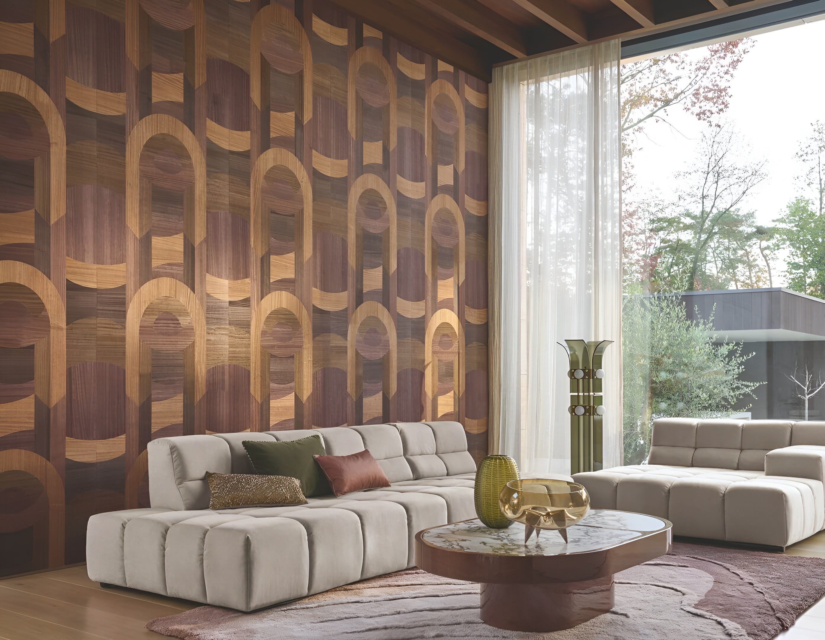 Art Deco Geometric Pattern Veneered Wallpaper TRAVERSÉE - AUBERGINE DARK BROWN OAK