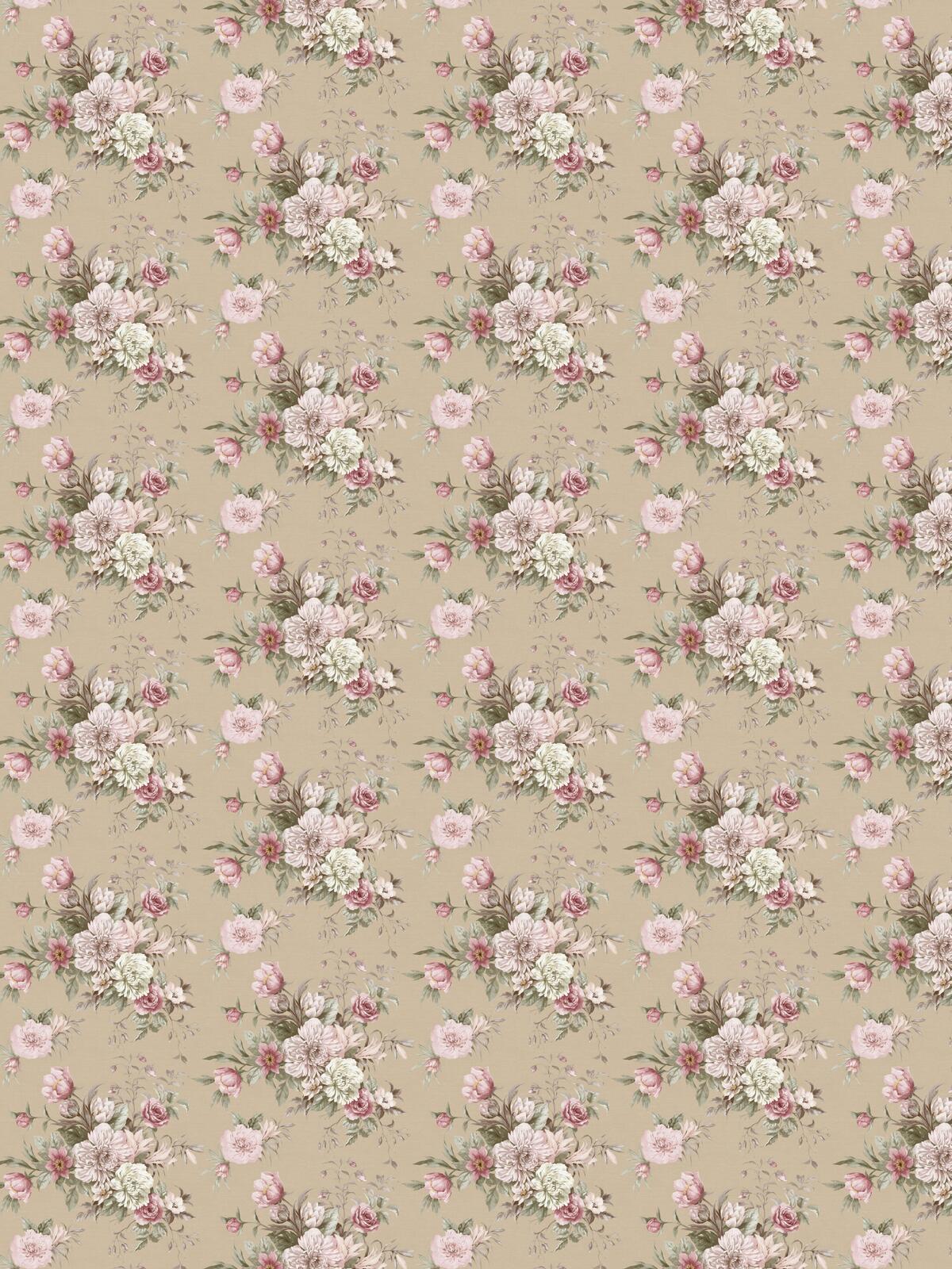 Non-woven paper wallpaper with a floral pattern FLORAL CHARM dark beige with pink and white