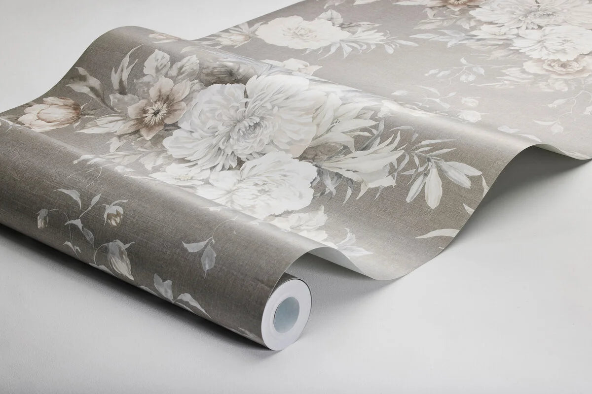 Non-woven paper wallpaper with a floral pattern FLORAL CHARM brown with white