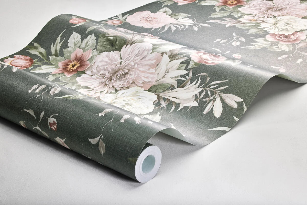 Non-woven paper wallpaper with a floral pattern FLORAL CHARM dark green with pink
