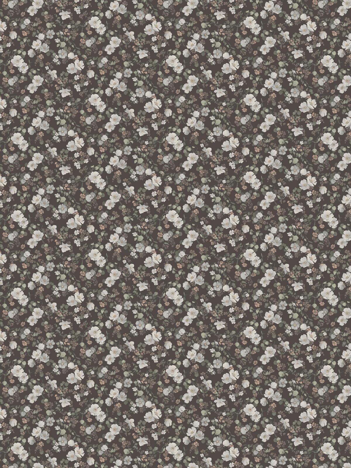 Non-woven paper wallpaper with an enchanting flower pattern in brown and white