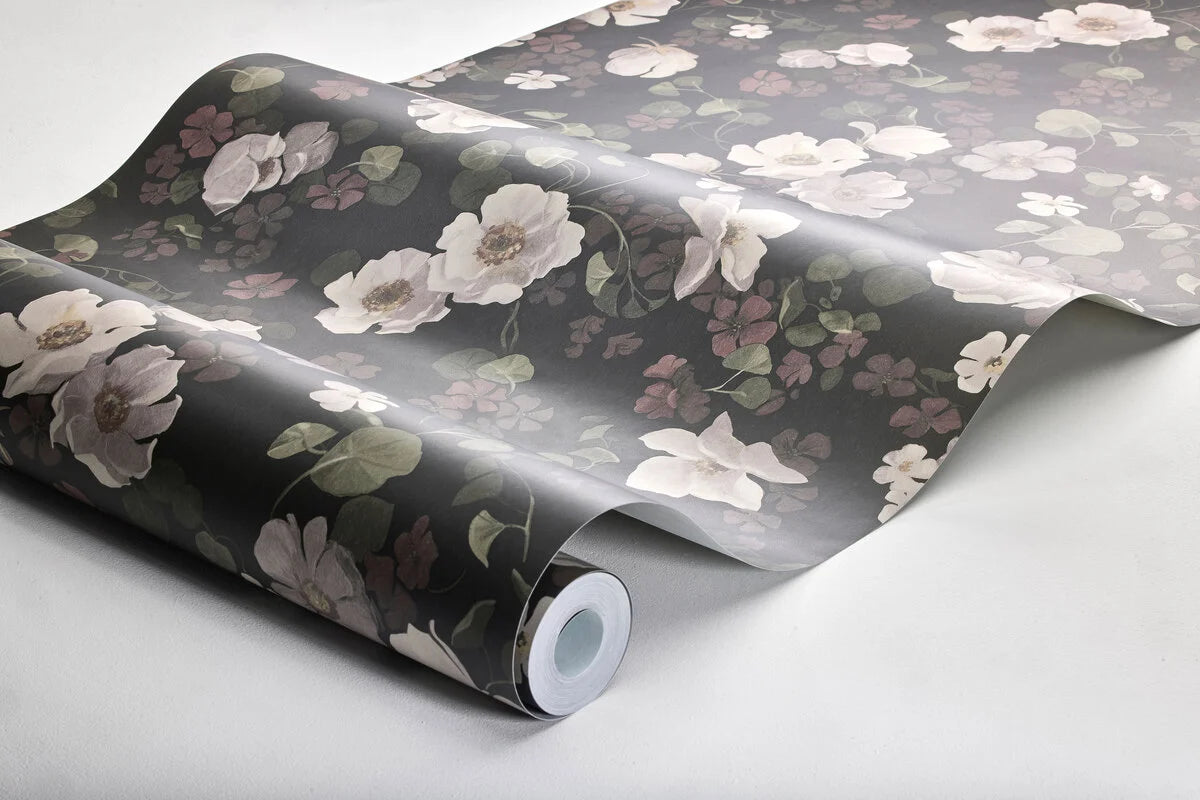 Non-woven paper wallpaper with an enchanting flower pattern in muted brown and white