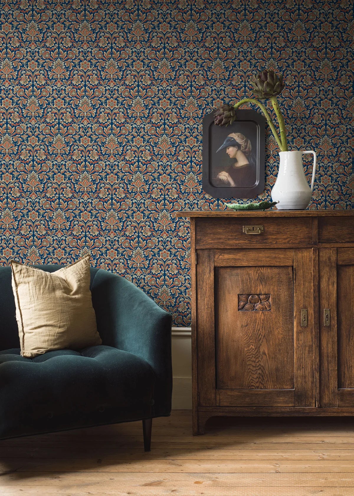 Non-woven paper wallpaper with a floral pattern FOGLAVIK brown with blue