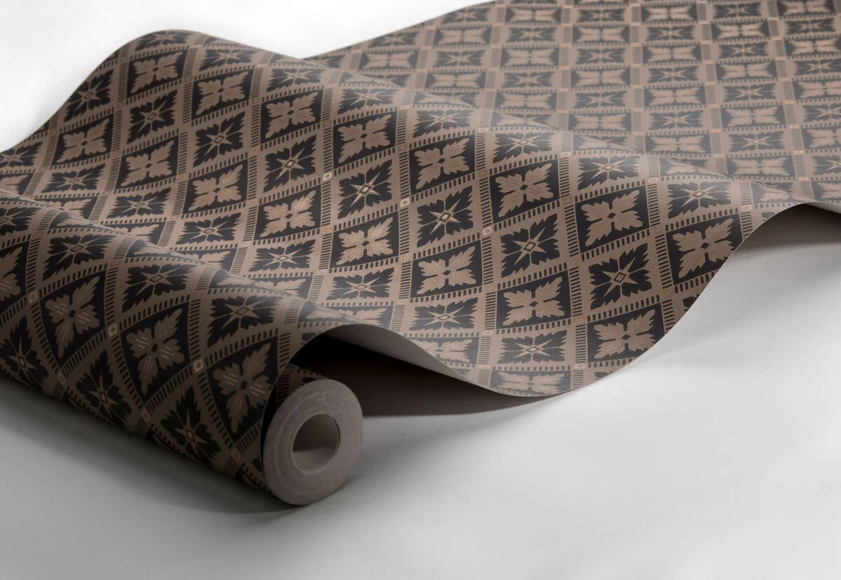 Non-woven paper wallpaper with geometric pattern LOKA brown with black