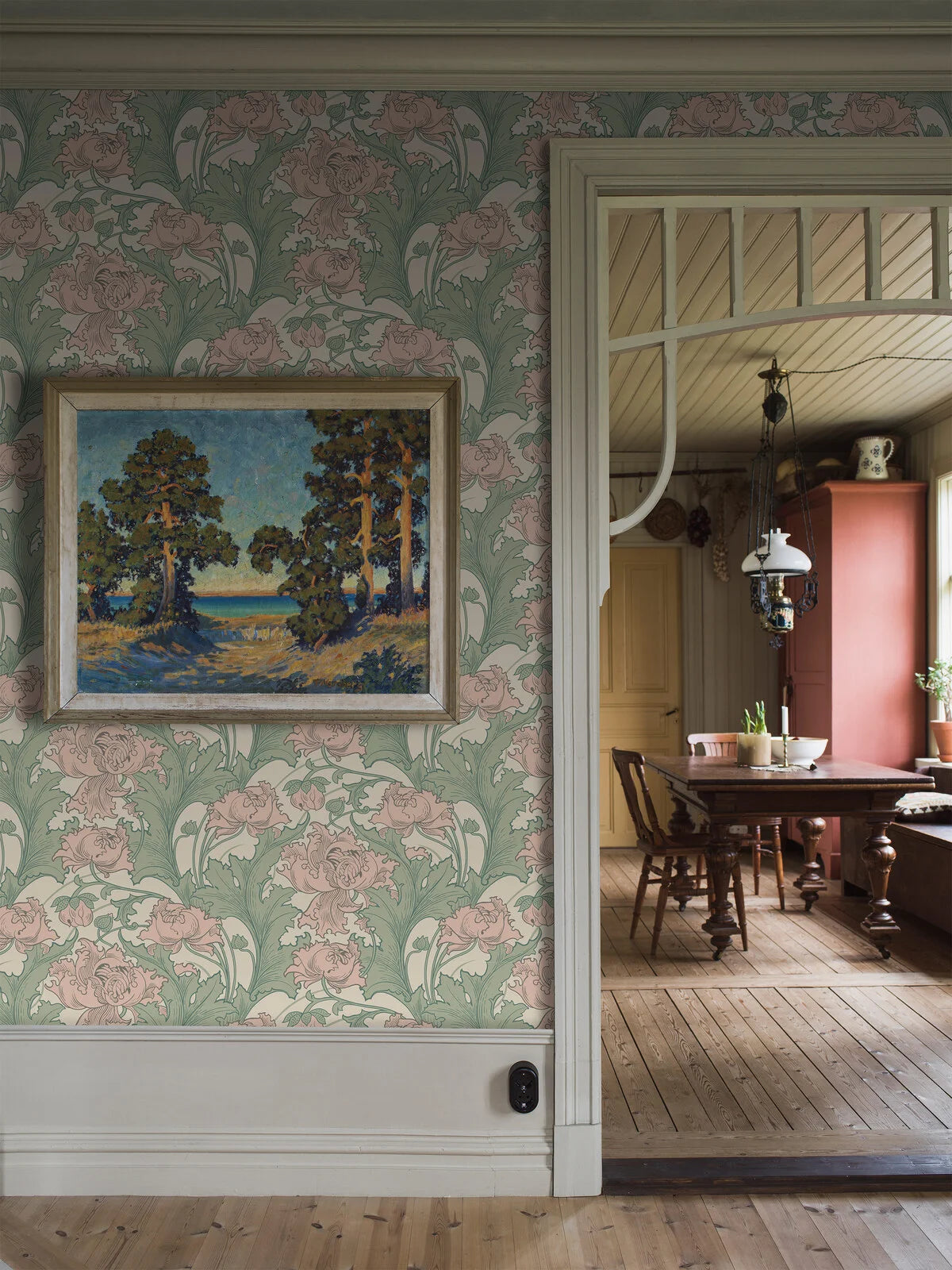 Non-woven paper wallpaper with a floral pattern SIRI in pastel pink with beige and green