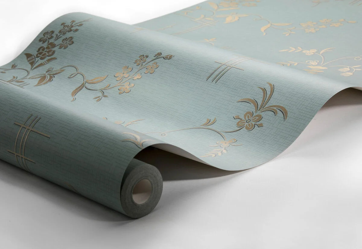 Non-woven paper wallpaper with a plant pattern ULRICEHAMN turquoise green