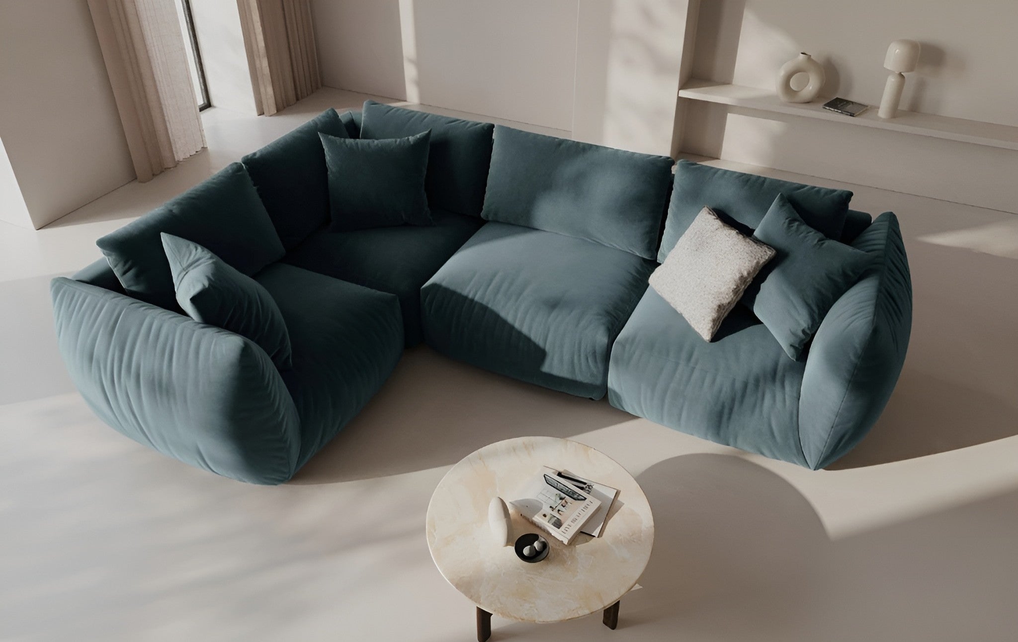 Velvet corner sofa for 4 people right-facing CHRIS light blue