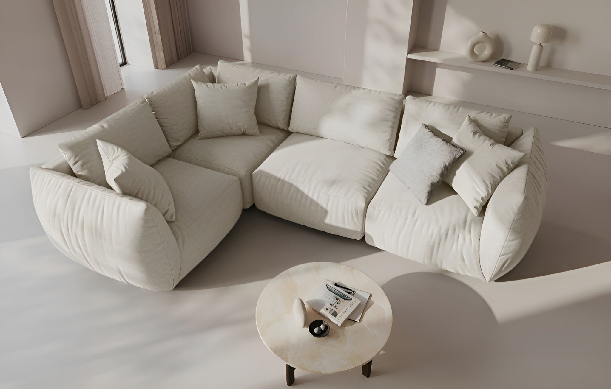 Velvet corner sofa for 4 people right-sided CHRIS ecru