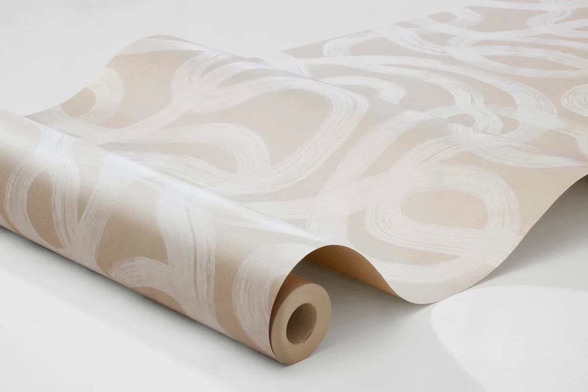 Non-woven paper wallpaper with abstract CURVE pattern in beige and white