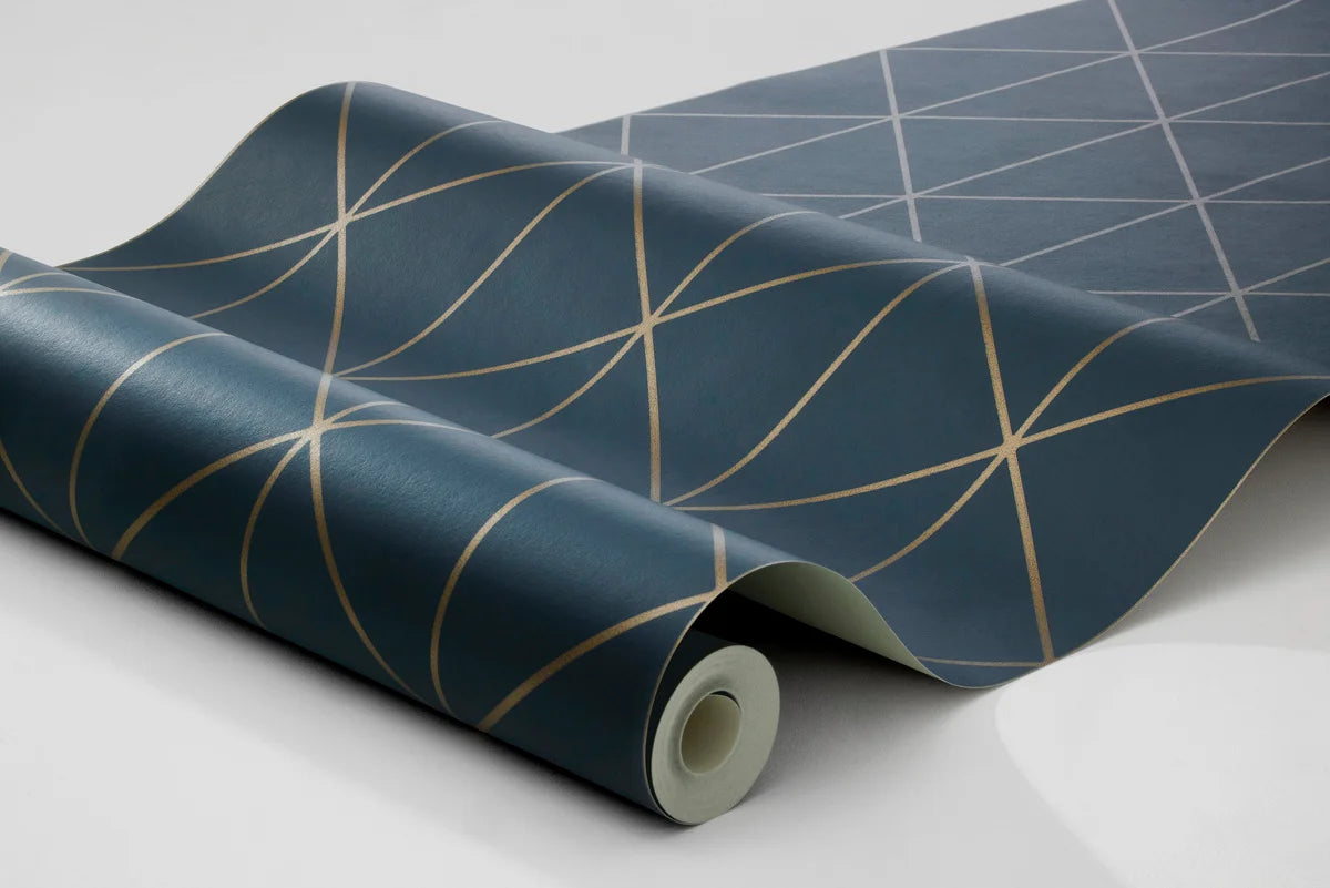 Non-woven paper wallpaper with a geometric DIAMONDS pattern in navy blue with gold