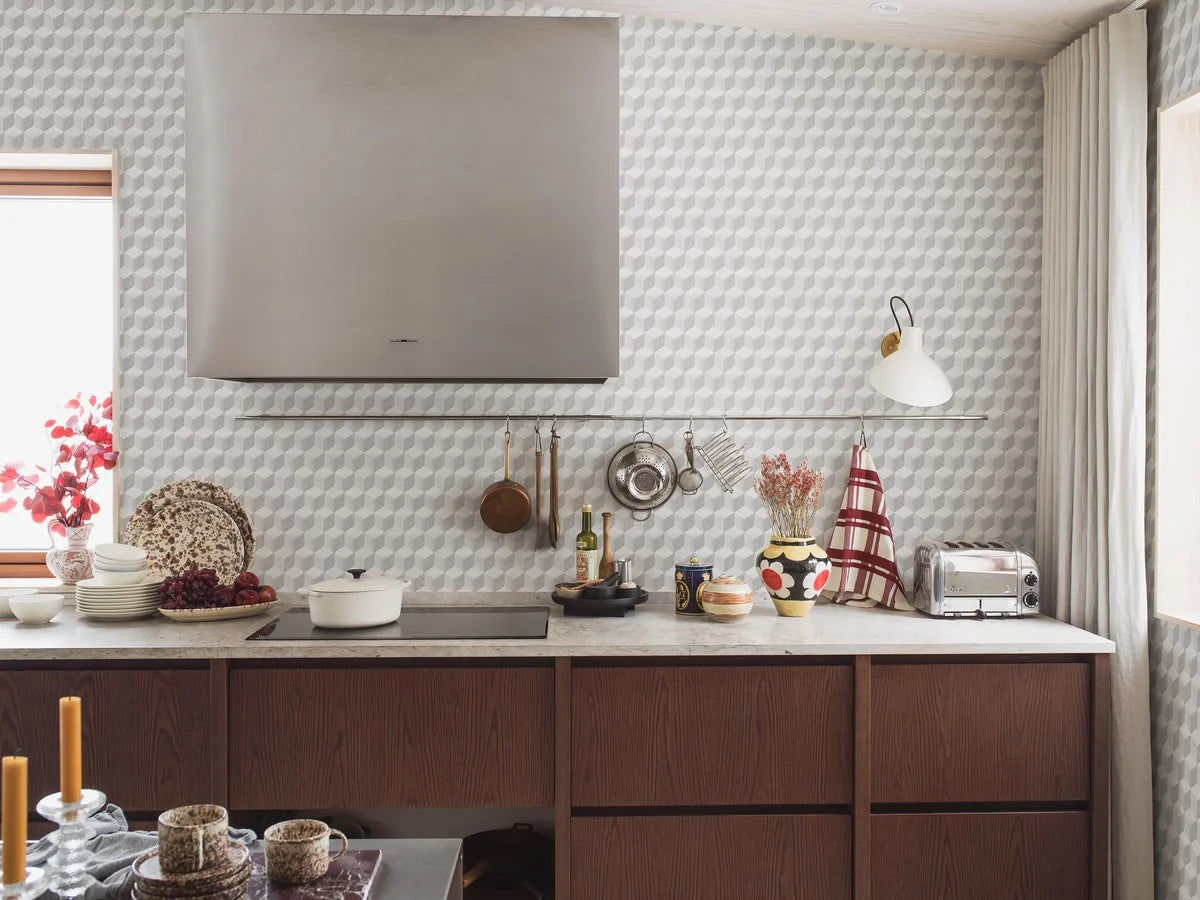 Non-woven paper wallpaper with geometric pattern CUBE gray
