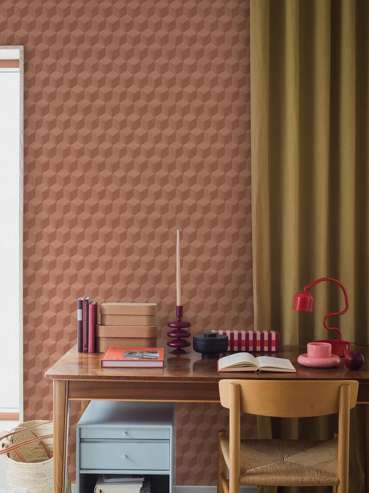Non-woven paper wallpaper with geometric pattern CUBE terracotta