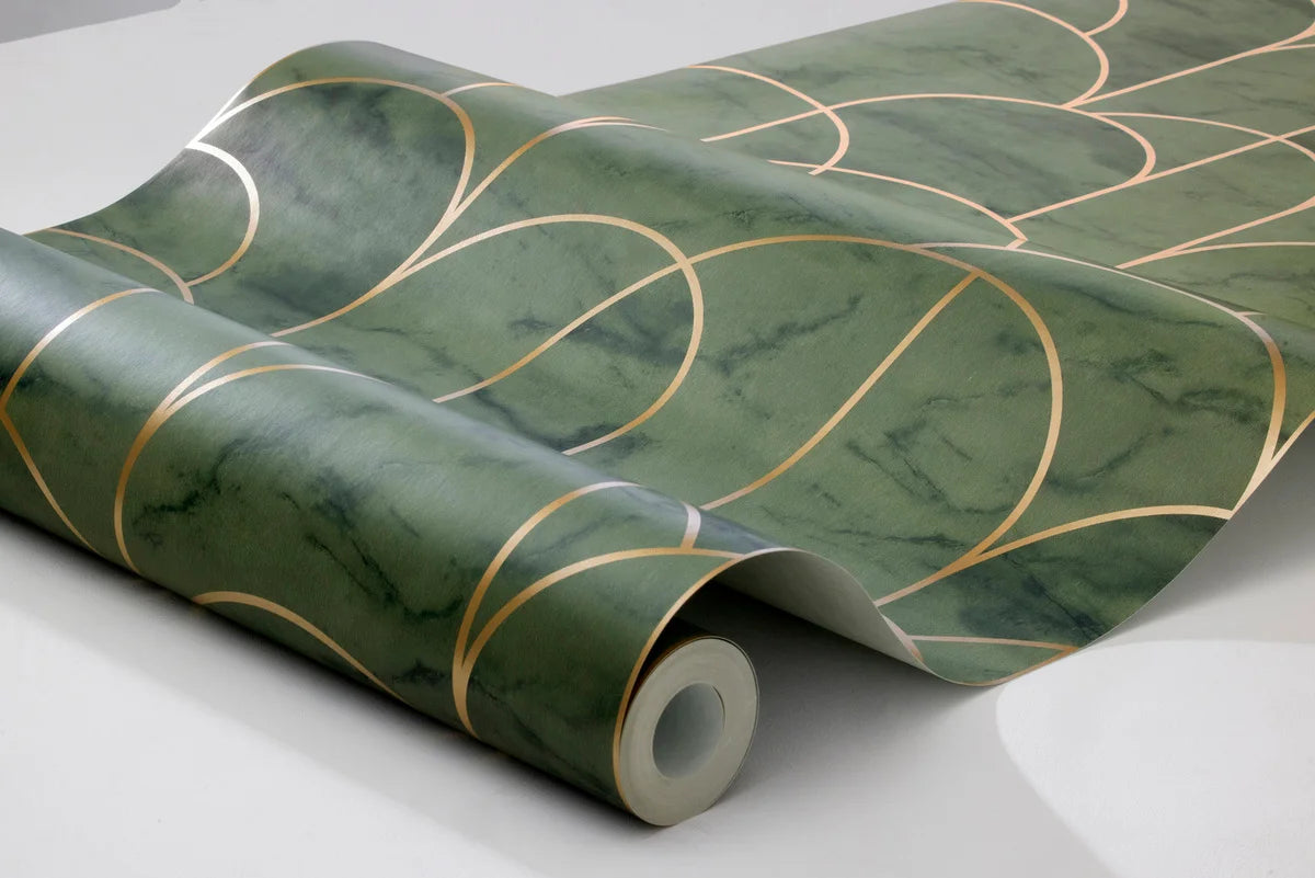 Non-woven paper wallpaper mimicking marble ARCH green with gold