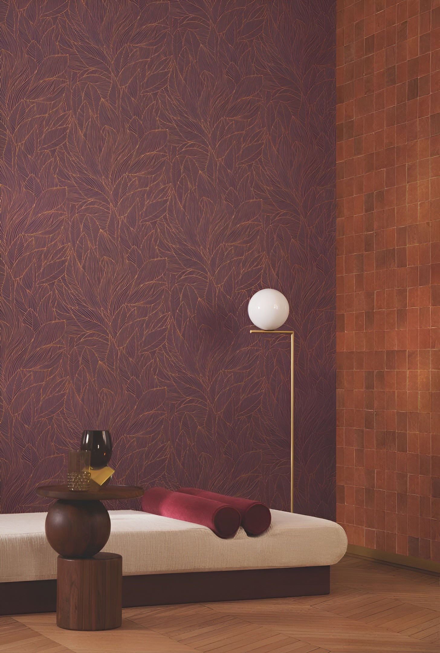 Non-woven wallpaper with a plant motif HOSTA - PURPLE/BRONZE purple with bronze