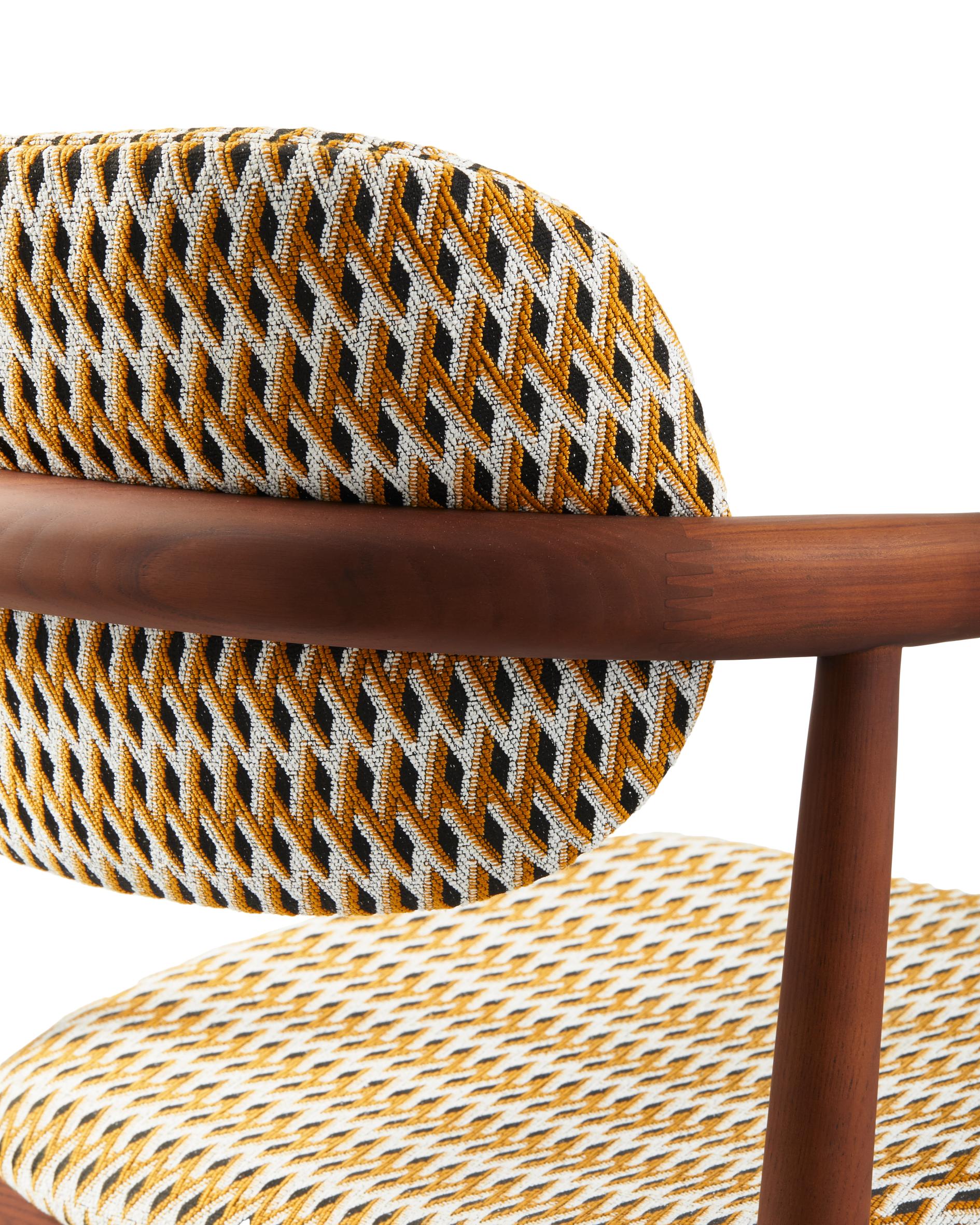 HENRY Armchair in Orchid with Geometric Pattern and Wooden Base