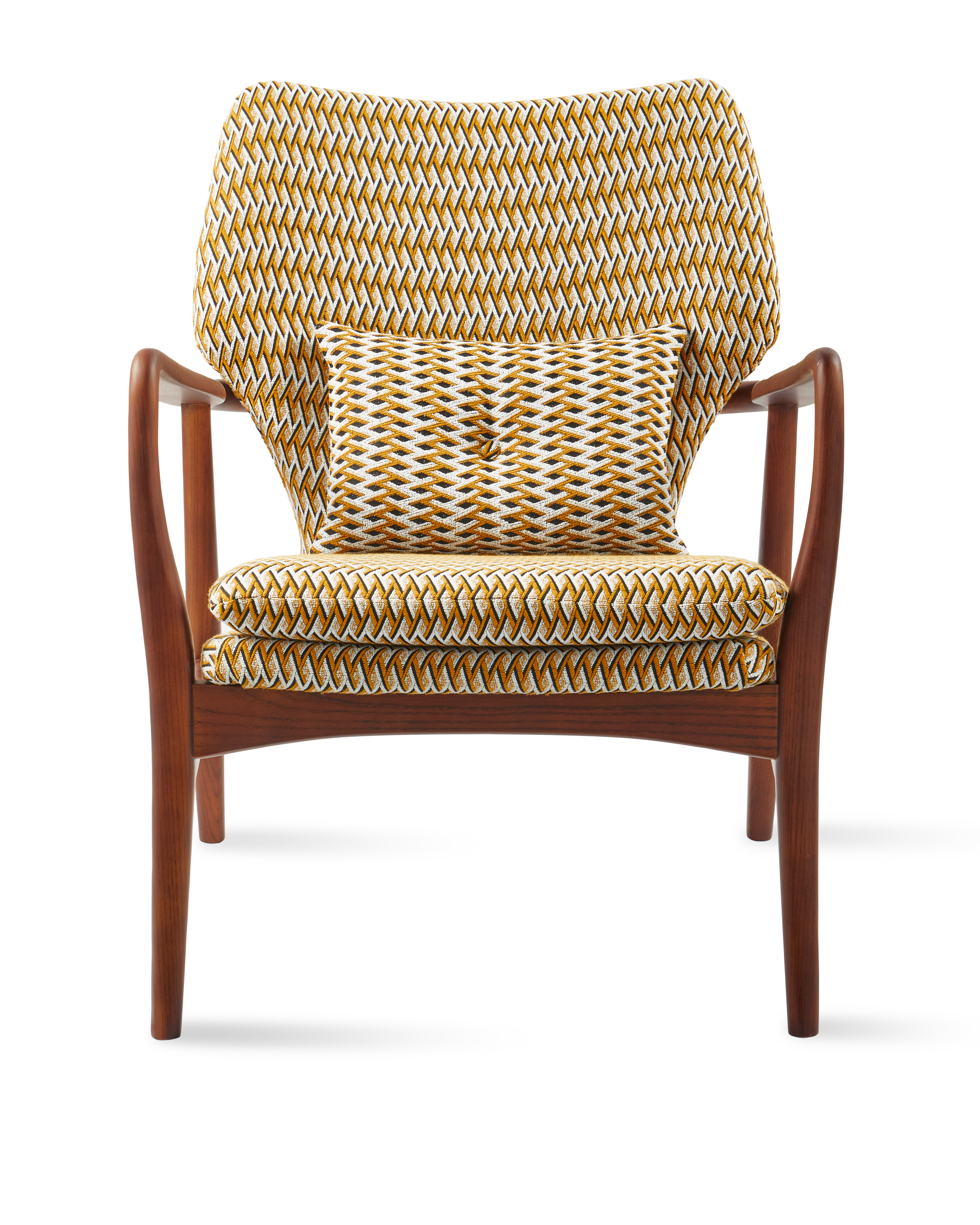 PEGGY Armchair in Orchid with Geometric Patterns and Wooden Base