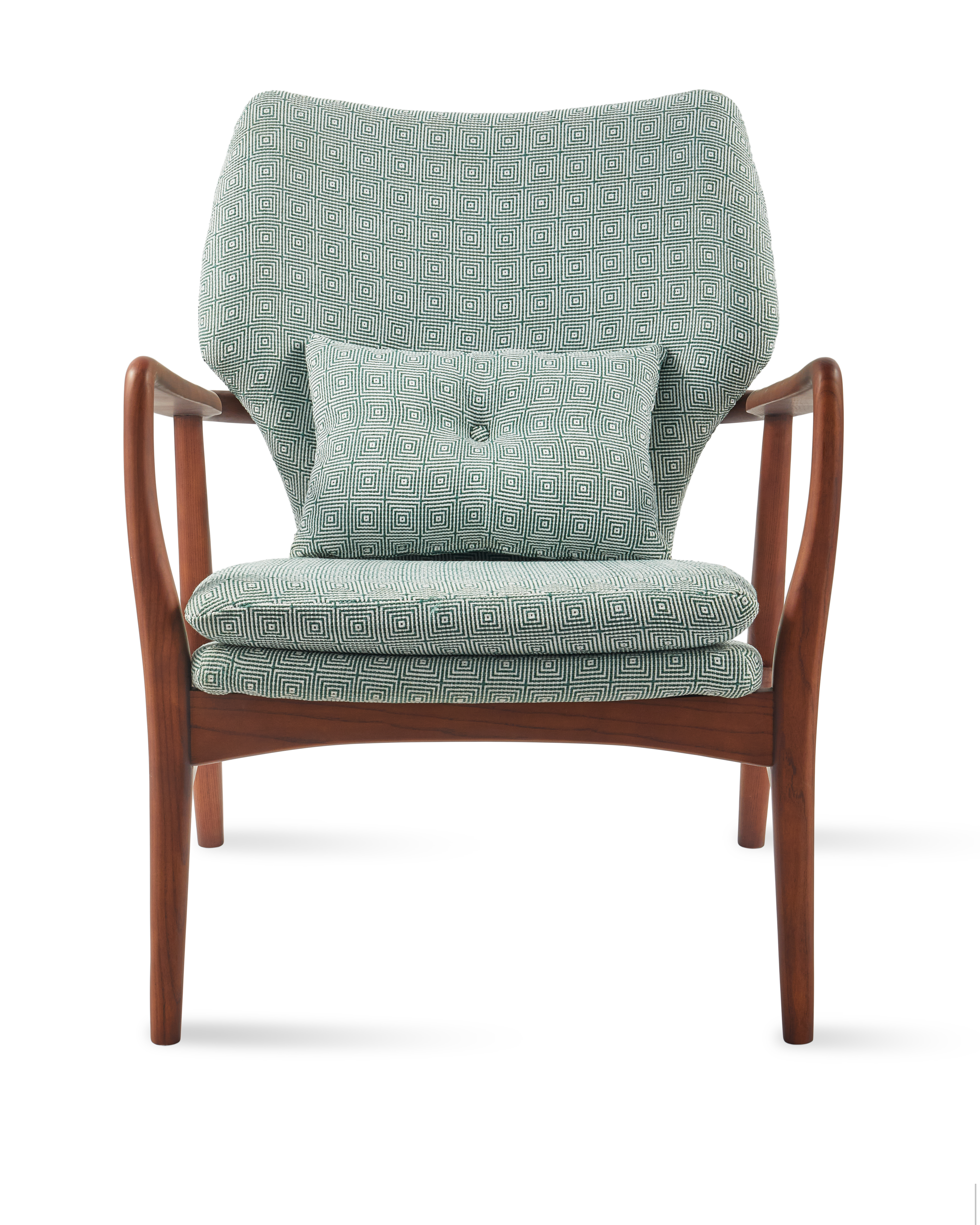 PEGGY armchair in green with geometric patterns and a wooden base