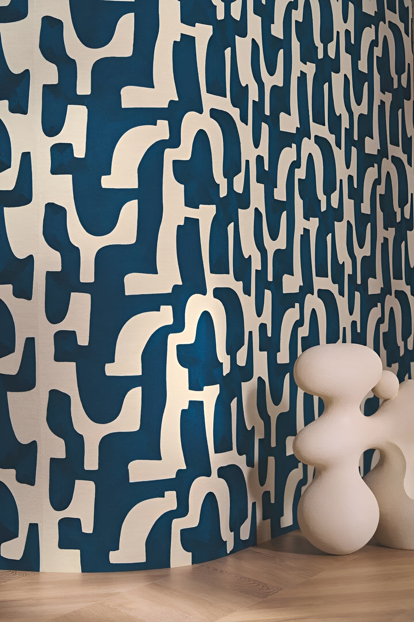 Textile wallpaper with an abstract pattern MONODIE - BLEU CRAIE blue with cream