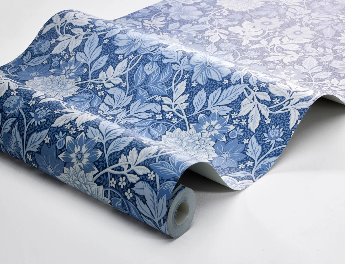 Non-woven paper wallpaper with a floral pattern DAHLIA GARDEN blue with white