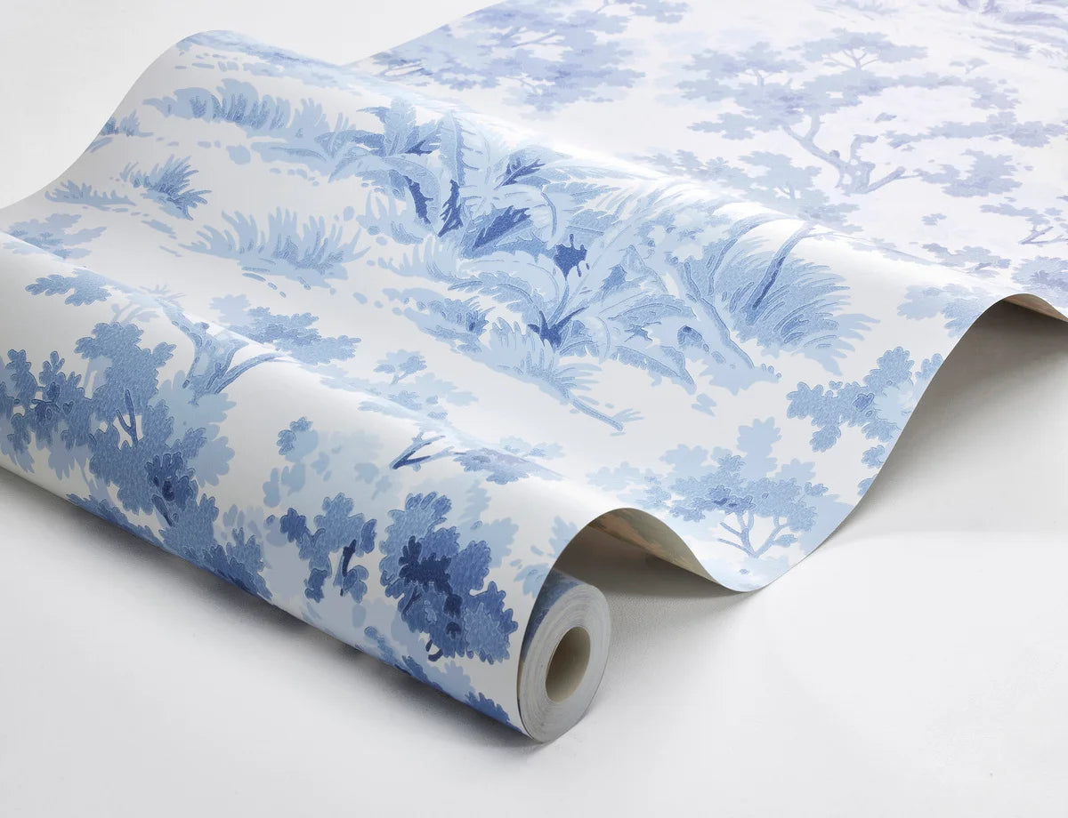 Non-woven paper wallpaper with a floral pattern COUNTRYSIDE MORNING white with blue