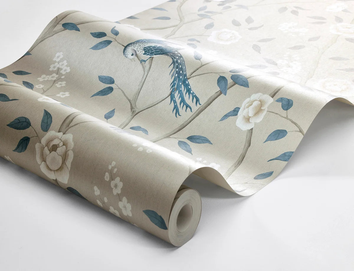 Non-woven paper wallpaper with a botanical pattern PARADISE BIRDS dark beige with blue